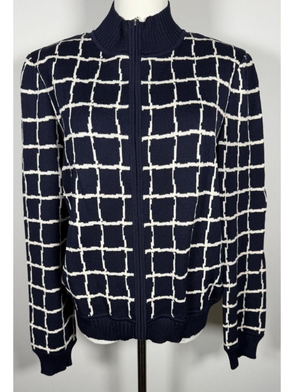 ST. JOHN navy white geometric knit bomber jacket designer preppy 10 retro